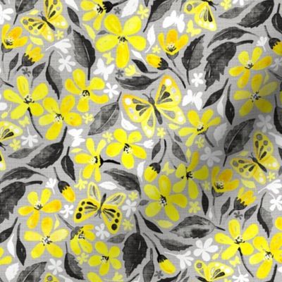 Buttercup Yellow and Silver Grey Watercolor Floral with Butterflies - small