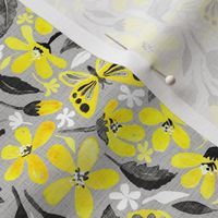 Buttercup Yellow and Silver Grey Watercolor Floral with Butterflies - small
