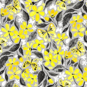 Buttercup Yellow and Silver Grey Watercolor Floral with Butterflies - small