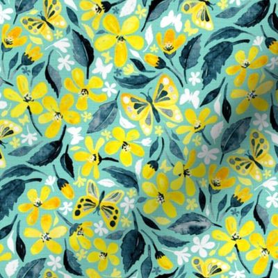 Yellow and Teal Summer Floral with Butterflies and Blooms - small