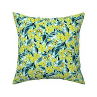 Yellow and Teal Summer Floral with Butterflies and Blooms - small