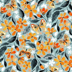 Bright Orange Blooms and Butterflies on Blue Grey - small