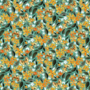 Warm Orange and Teal Watercolor Butterfly Floral - micro print
