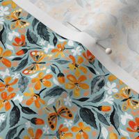 Bright Orange Blooms and Butterflies on Blue Grey - micro print