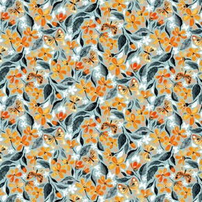 Bright Orange Blooms and Butterflies on Blue Grey - micro print