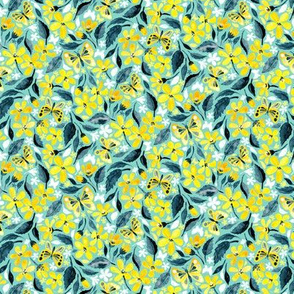 Yellow and Teal Summer Floral with Butterflies and Blooms - micro print