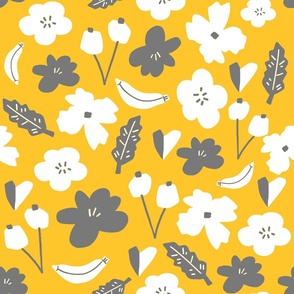 Large Yellow and Gray Scandinavian Banana and Floral