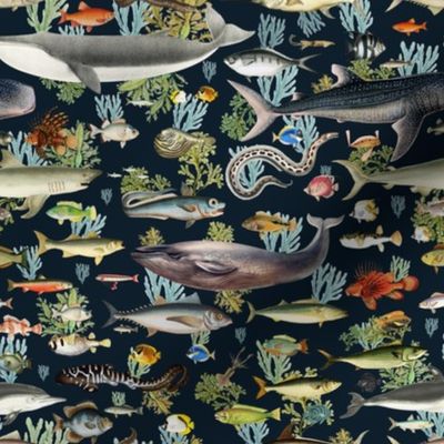 8" Fishing Expedition Print for Fabric Dark Blue