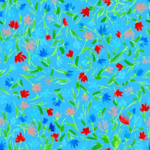Flower field with colorful flowers on a blue background