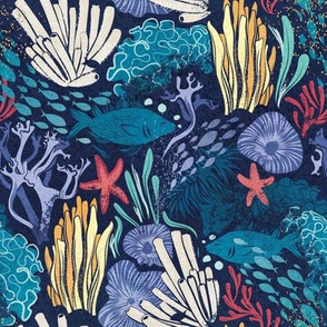 Small scale // Save the coral reefs // navy blue background yellow blue ivory red mint and violet corals and under water life