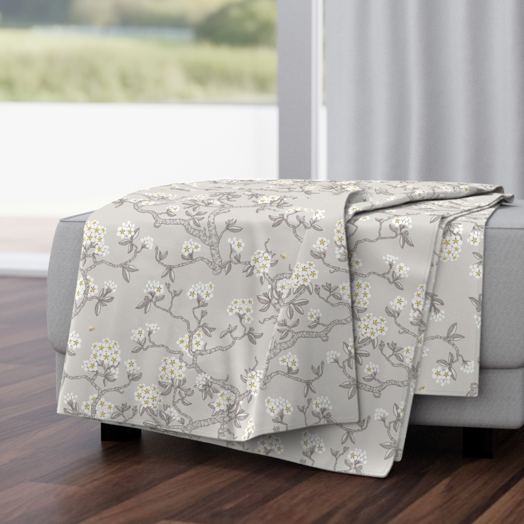 Pear blossom - spring time chinoiserie - grey and yellow