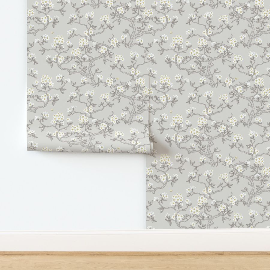 Pear blossom - spring time chinoiserie - grey and yellow