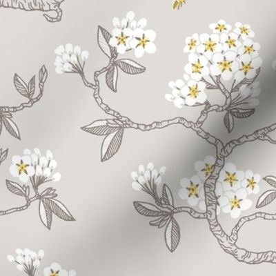 Pear blossom - spring time chinoiserie - grey and yellow