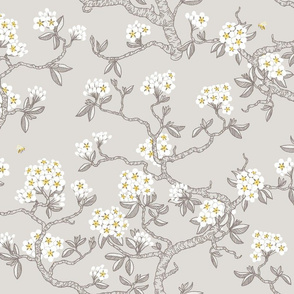Pear blossom - spring time chinoiserie - grey and yellow