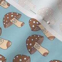 Funny fungi fabric - cute mushroom design - Brown and blue 