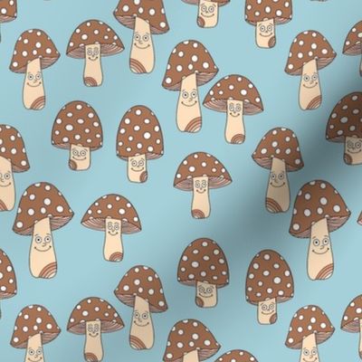 Funny fungi fabric - cute mushroom design - Brown and blue 
