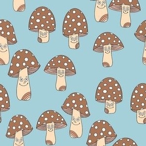 Funny fungi fabric - cute mushroom design - Brown and blue 