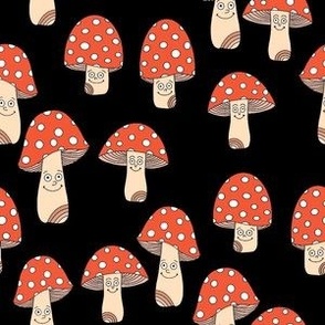 Funny fungi fabric - cute mushroom design - Black 