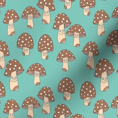 Funny fungi fabric - cute mushroom design - Brown and green 