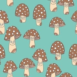 Funny fungi fabric - cute mushroom design - Brown and green 