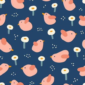 Funny pink birds on dark blue background