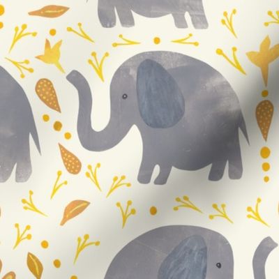 Elephants and Yellow Daisies - Collage Style