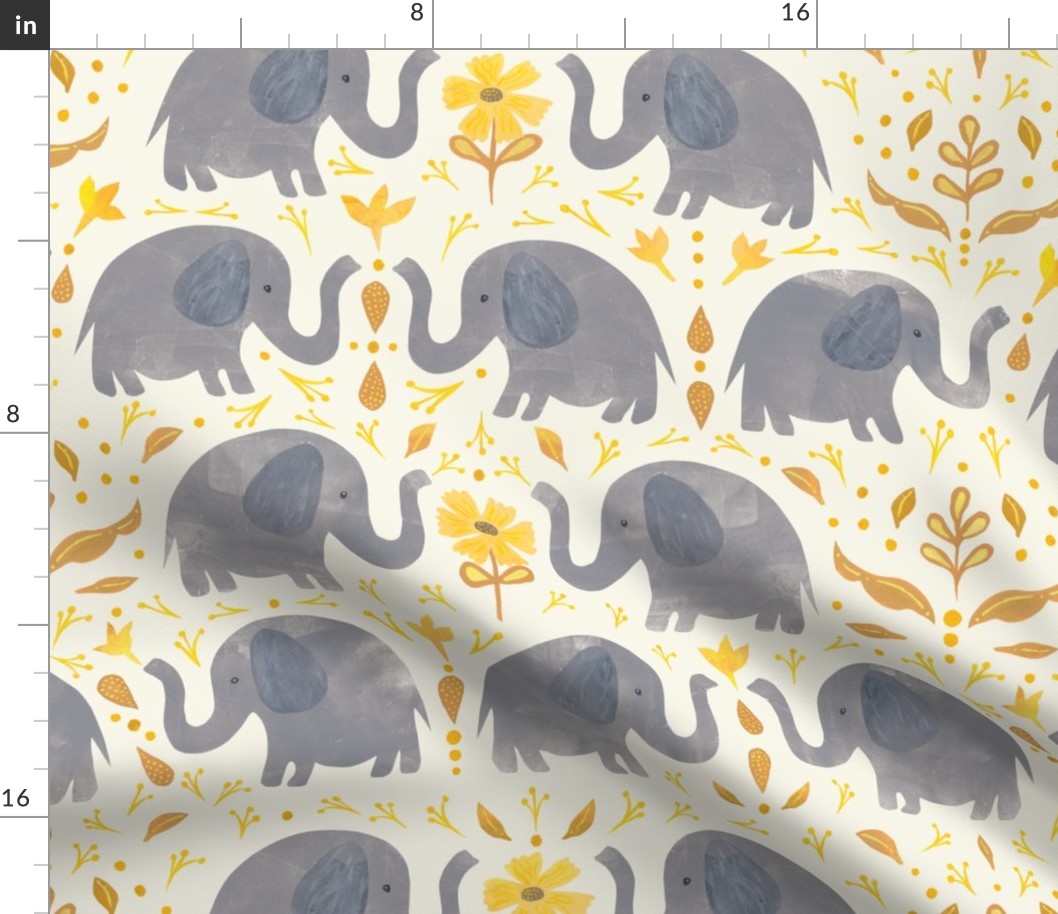 Elephants and Yellow Daisies - Collage Style