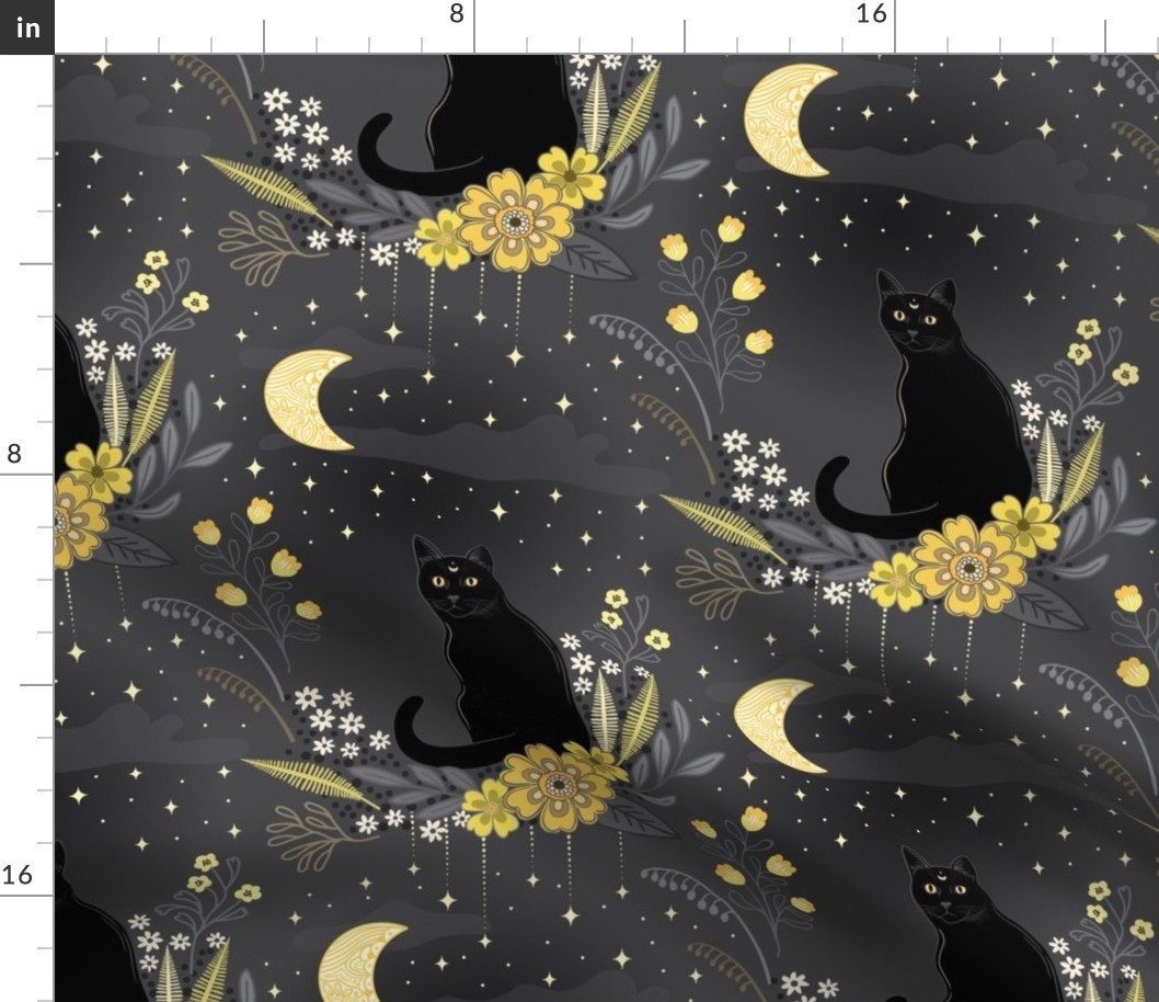 Cat in the midnight garden - yellow and grey -  medium