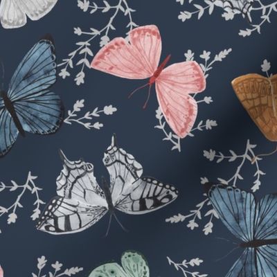 Watercolor Butterfly Toss - Navy - LG