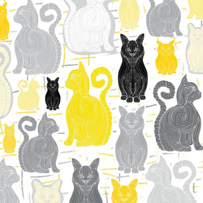 Cats Black Gray Yellow Line drawing,  Unlimited Cats - Pantone 2021 , large 
