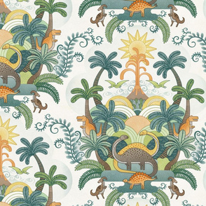 Happy Dinosaurs Damask Medium- Autumn Colors- Dinosaur Wallpaper- Earth Tones- Fall Adventure- Outdoors- Dino- Dinos- Kids