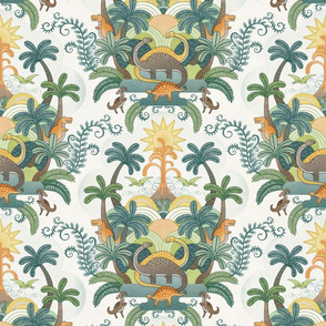 Happy Dinosaurs Damask Small- Autumn Colors- Dinosaur Wallpaper- Earth Tones- Fall Adventure- Outdoors- Dino- Dinos- Kids