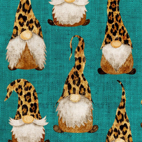 Leopard Gnomes on teal Burlap - large scale