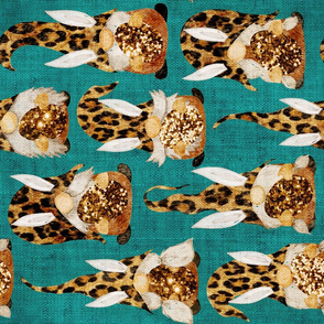 Leopard Bunny Gnomes on Teal Linen Rotated - large scale