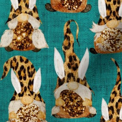 Leopard Bunny Gnomes on Teal Linen - medium scale