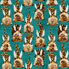 Leopard Bunny Gnomes on Teal Linen - medium scale