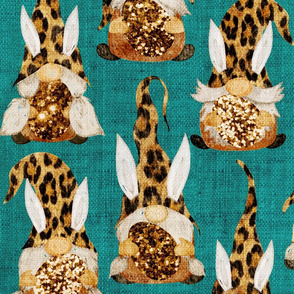 Leopard Bunny Gnomes on Teal Linen - large scale