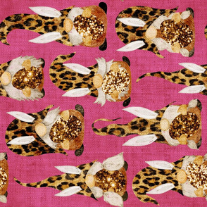 Leopard Bunny Gnomes on Raspberry Linen Rotated - large scale