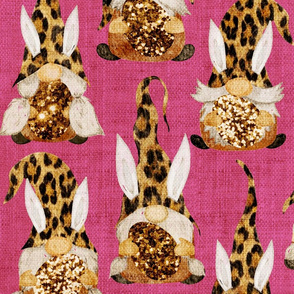 Leopard Bunny Gnomes on Raspberry Linen - large scale