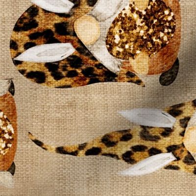 Leopard Bunny Gnomes on Camel Linen Rotated - large scale