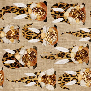 Leopard Bunny Gnomes on Camel Linen Rotated - large scale
