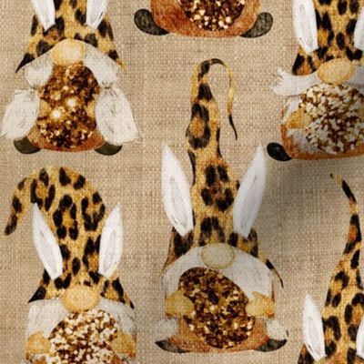 Leopard Bunny Gnomes on Camel Linen - medium scale