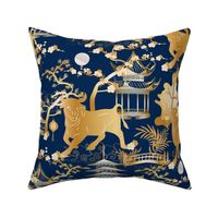 Year of the Metal Ox Toile Chinoiserie- Lunar New Year- Japanese Pagoda- Gold on Prussian Blue- Large Scale