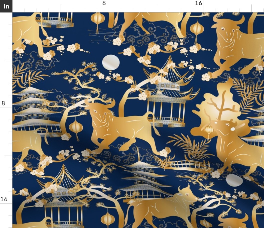 Year of the Metal Ox Toile Chinoiserie- Lunar New Year- Japanese Pagoda- Gold on Prussian Blue- Large Scale