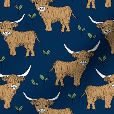 Adorable highland cattle fields sweet spring cows with horns outlander highlands cow Scandinavian kids design navy blue ginger green