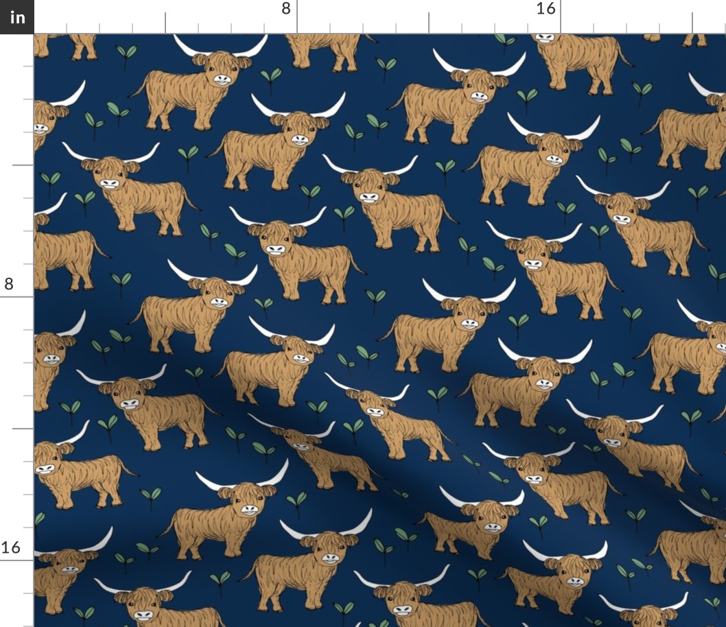 Adorable highland cattle fields sweet spring cows with horns outlander highlands cow Scandinavian kids design navy blue ginger green