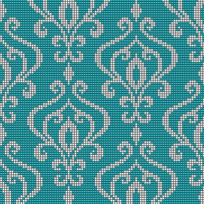 Damask peacock teal white beads texture large