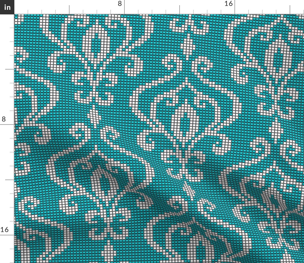 Damask peacock teal white beads texture large