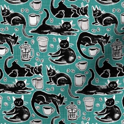 Black Cats & Coffee on Teal - Medium Scale