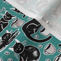 Black Cats & Coffee on Teal - Medium Scale